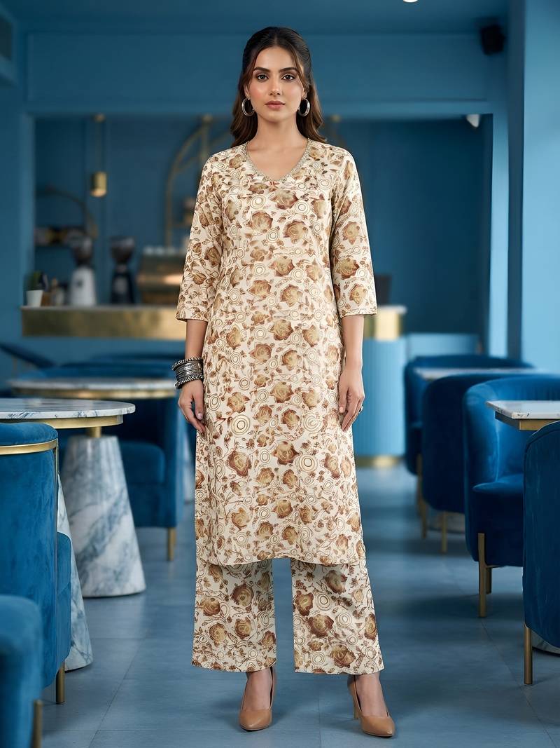 Cream floral printed viscose rayon kurta set