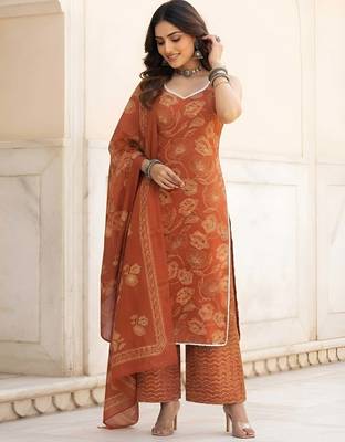 Rust floral printed cotton kurta set 3