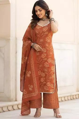 Rust floral printed cotton kurta set