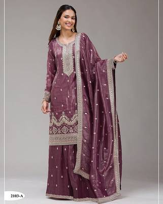 Wine silk blend zari work semi stitched salwar suits 1