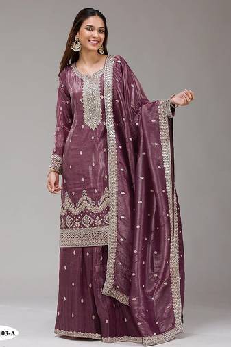 Wine silk blend zari work semi stitched salwar suits