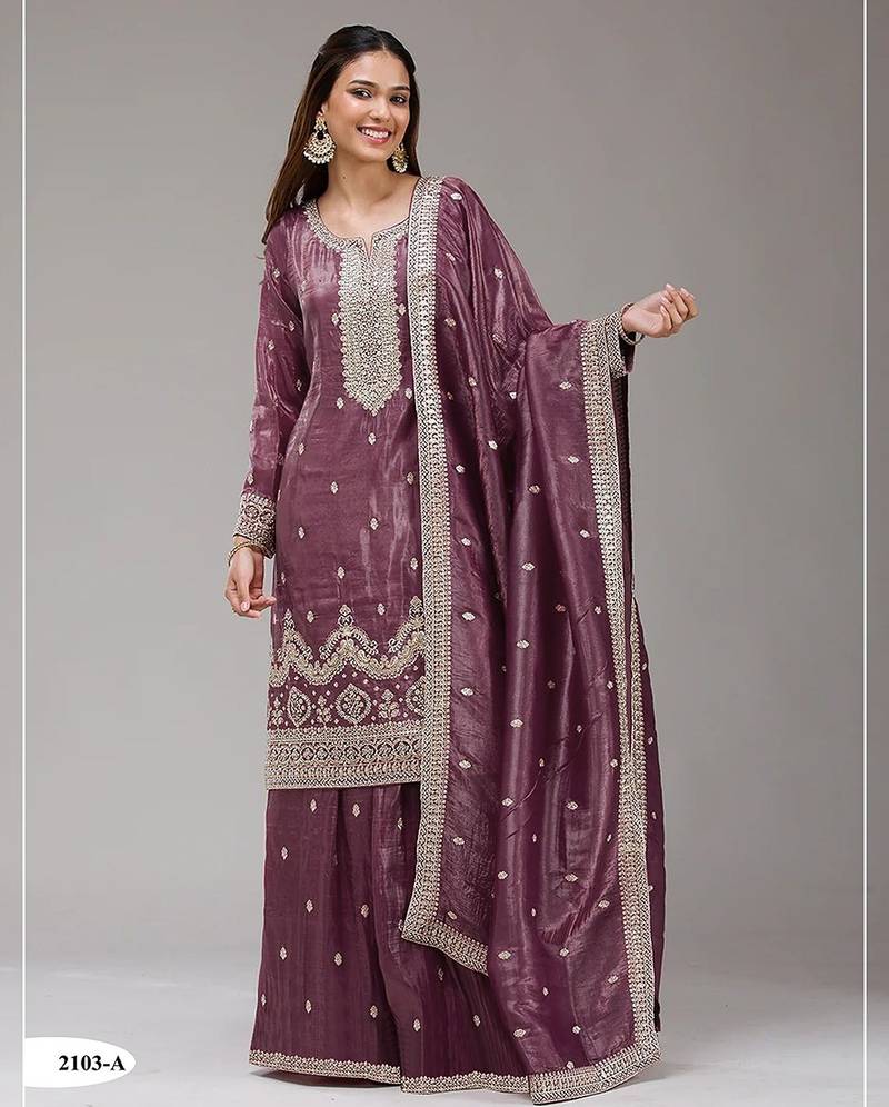 Wine silk blend zari work semi stitched salwar suits