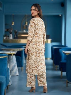 Cream floral printed viscose rayon kurta set 2