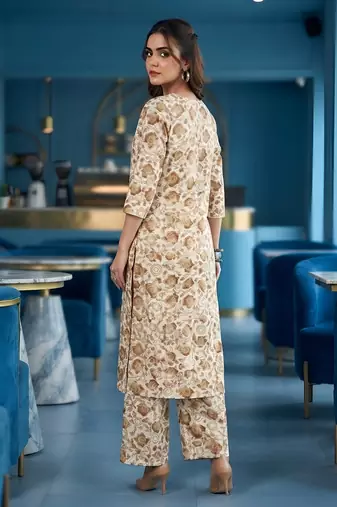 Cream floral printed viscose rayon kurta set