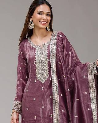 Wine silk blend zari work semi stitched salwar suits 2