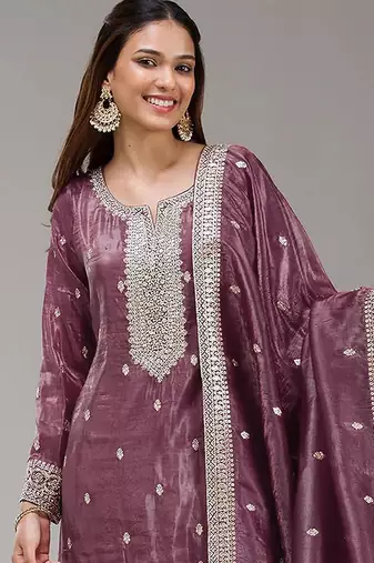 Wine silk blend zari work semi stitched salwar suits