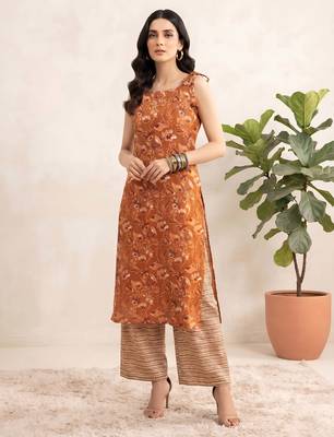 Rust floral printed viscose rayon kurta set 1