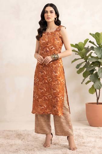 Rust floral printed viscose rayon kurta set