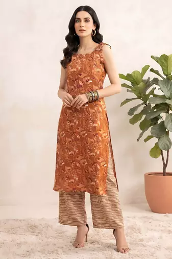 Rust floral printed viscose rayon kurta set