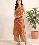 Rust floral printed viscose rayon kurta set