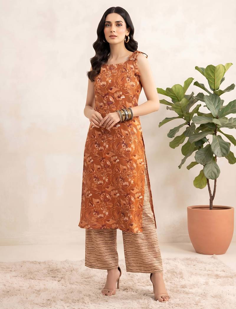Rust floral printed viscose rayon kurta set