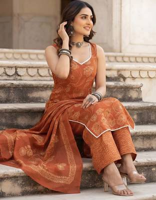 Rust floral printed cotton kurta set 4