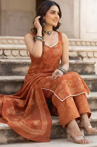 Rust floral printed cotton kurta set