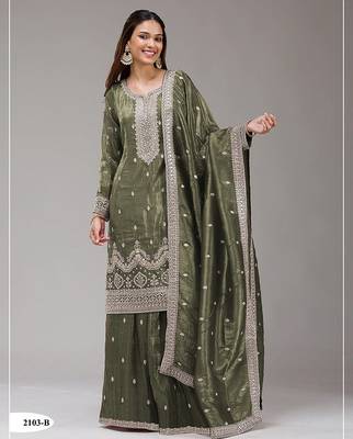 Olive green silk blend zari work semi stitched salwar suits 1