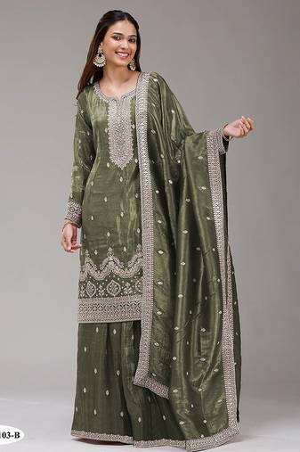Olive green silk blend zari work semi stitched salwar suits