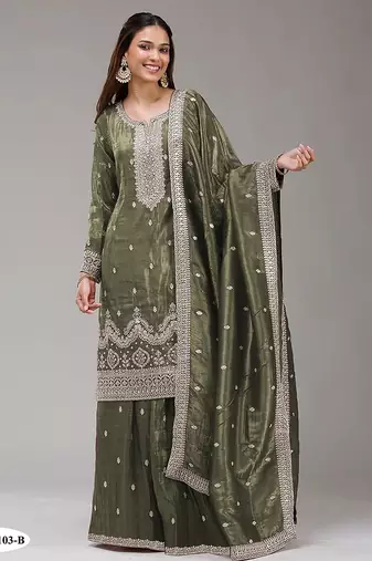 Olive green silk blend zari work semi stitched salwar suits