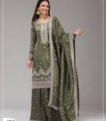 Olive green silk blend zari work semi stitched salwar suits