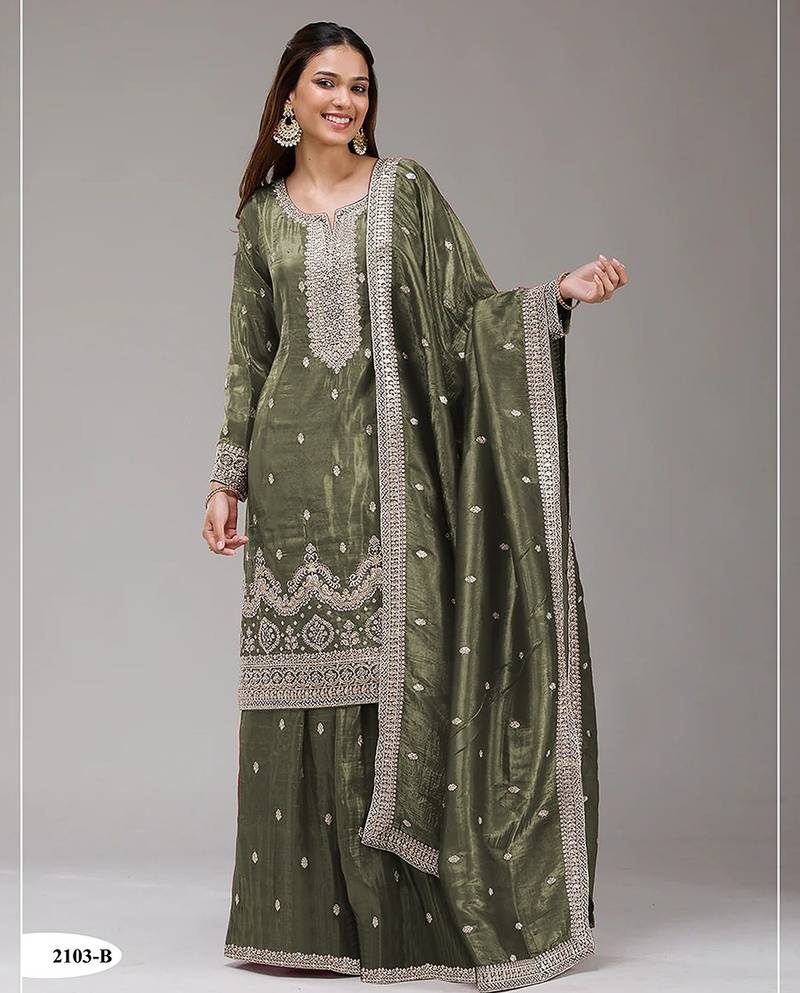 Olive green silk blend zari work semi stitched salwar suits