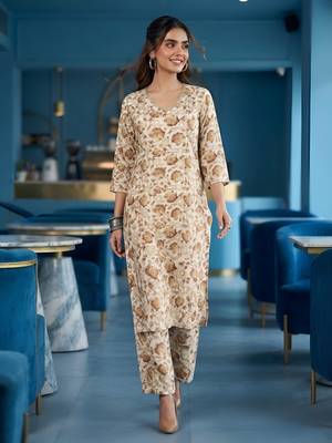 Cream floral printed viscose rayon kurta set 3