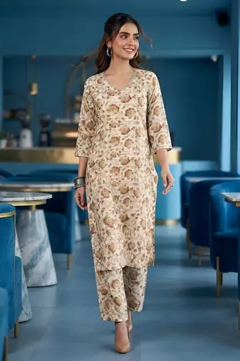 Cream floral printed viscose rayon kurta set