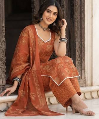 Rust floral printed cotton kurta set 5