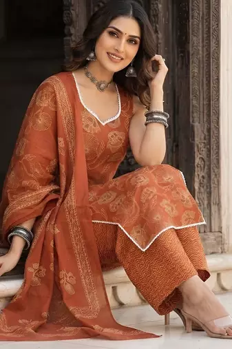 Rust floral printed cotton kurta set