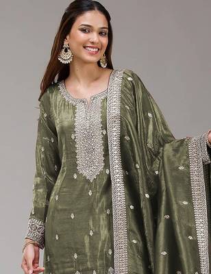 Olive green silk blend zari work semi stitched salwar suits 2