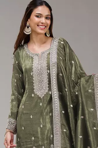 Olive green silk blend zari work semi stitched salwar suits