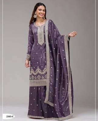 Dark lavender silk blend zari work semi stitched salwar suits 1
