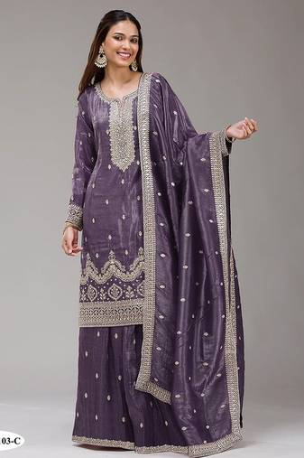 Dark lavender silk blend zari work semi stitched salwar suits