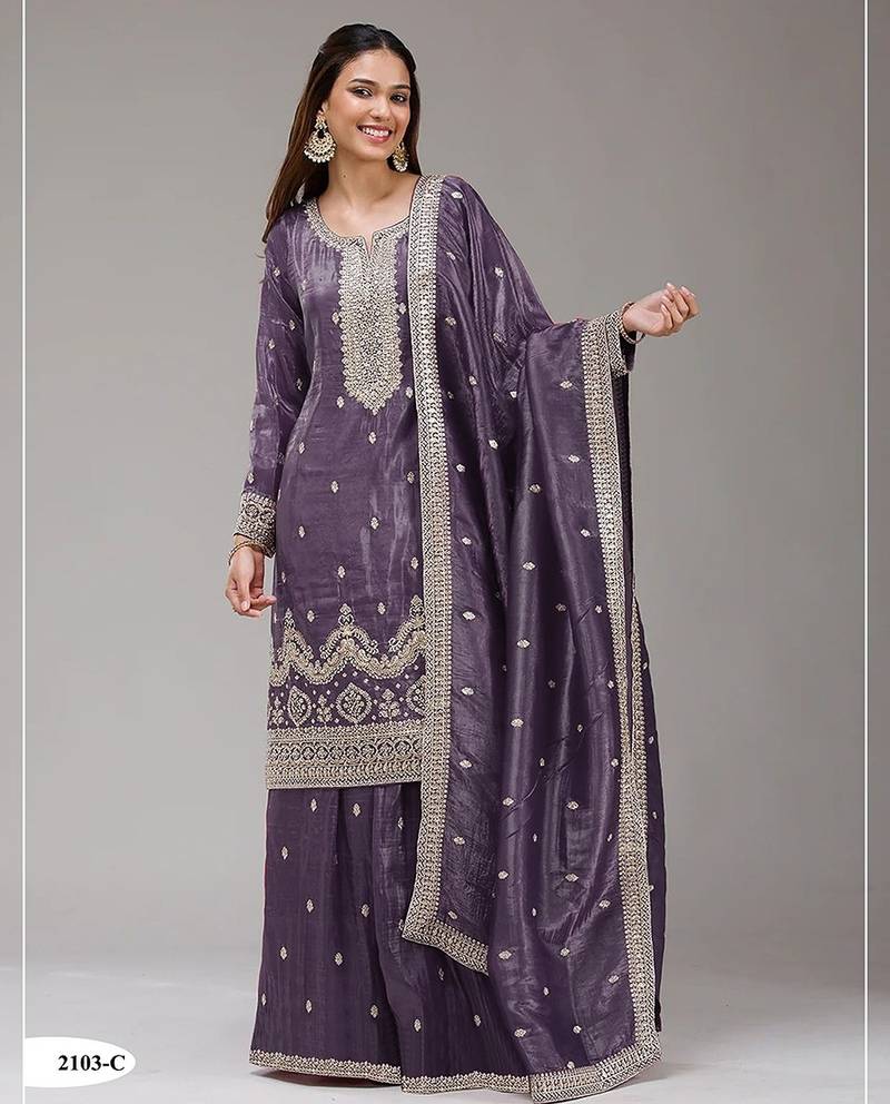Dark lavender silk blend zari work semi stitched salwar suits