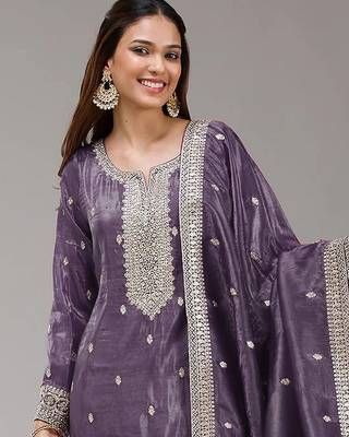 Dark lavender silk blend zari work semi stitched salwar suits 2