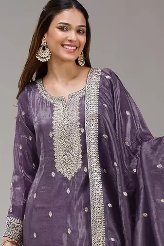 Dark lavender silk blend zari work semi stitched salwar suits
