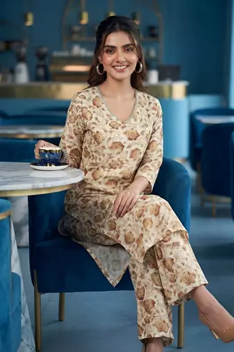 Cream floral printed viscose rayon kurta set