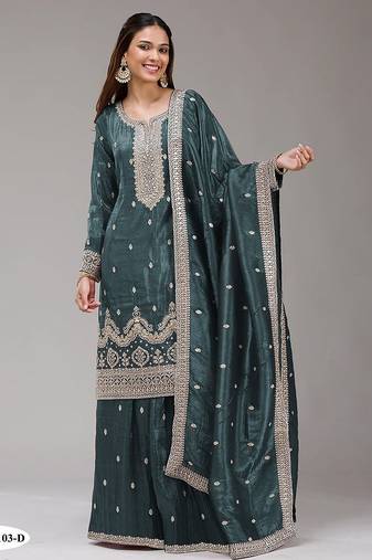 Dark green silk blend zari work semi stitched salwar suits
