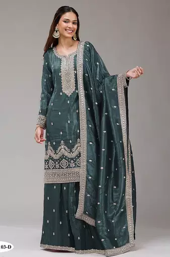 Dark green silk blend zari work semi stitched salwar suits