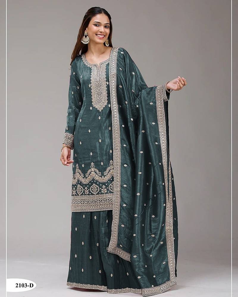 Dark green silk blend zari work semi stitched salwar suits