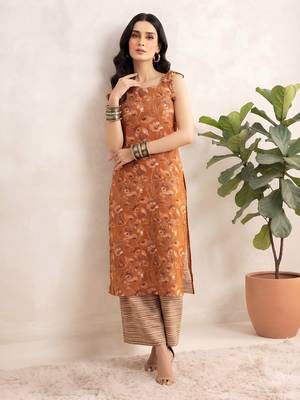 Rust floral printed viscose rayon kurta set 3