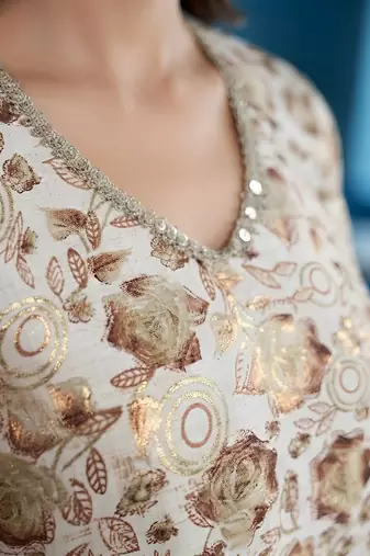 Cream floral printed viscose rayon kurta set