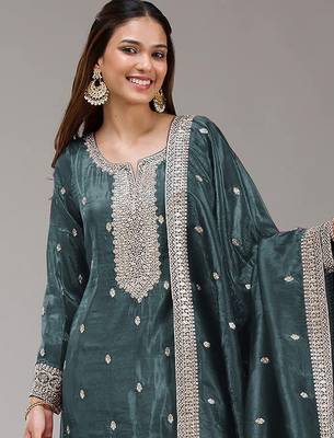 Dark green silk blend zari work semi stitched salwar suits 2