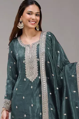 Dark green silk blend zari work semi stitched salwar suits