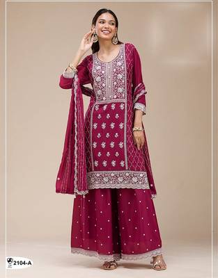 Magenta faux georgette zari work semi stitched salwar suits 1