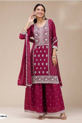 Magenta faux georgette zari work semi stitched salwar suits