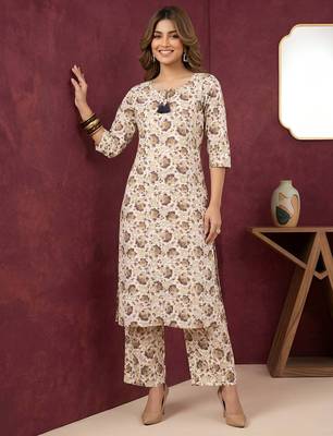 Cream floral printed viscose rayon kurta set 1