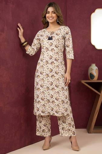 Cream floral printed viscose rayon kurta set