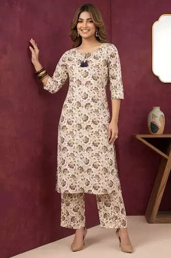 Cream floral printed viscose rayon kurta set