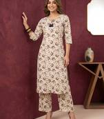 Cream floral printed viscose rayon kurta set