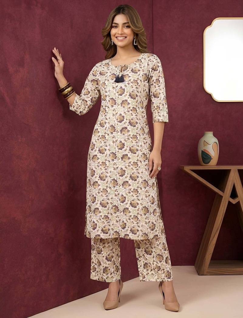 Cream floral printed viscose rayon kurta set