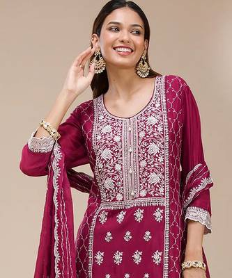 Magenta faux georgette zari work semi stitched salwar suits 2