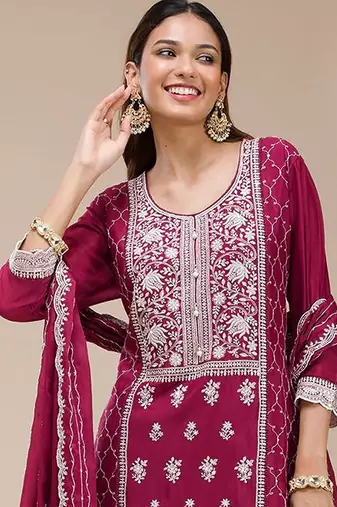 Magenta faux georgette zari work semi stitched salwar suits